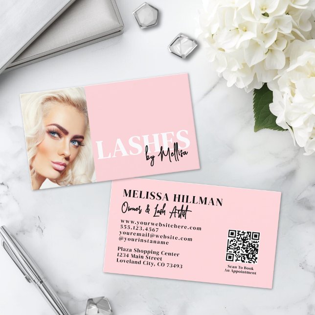 Rosa Schrift QR Code Foto Wimpern Visitenkarte (Blush Pink Script QR Code Photo Lashes Business Card)