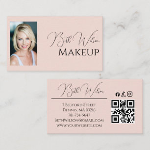 Rosa Schrift-Social-Icon-QR-Code-Foto-Make-up Visitenkarte
