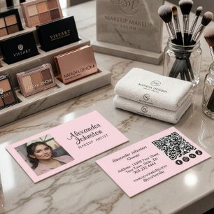 Rosa Schrift-Social-Icon-QR-Code-Foto-Make-up Visitenkarte