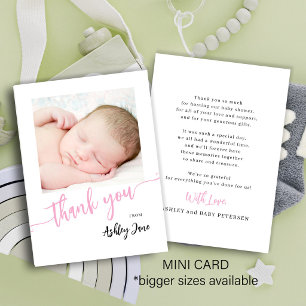 Rosa Schriftfoto Mädchen Baby Shower Danke Mini Mitteilungskarte
