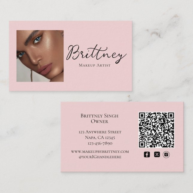 Rosa Schriftzug QR-Code Foto-Make-up Visitenkarte (Vorne/Hinten)