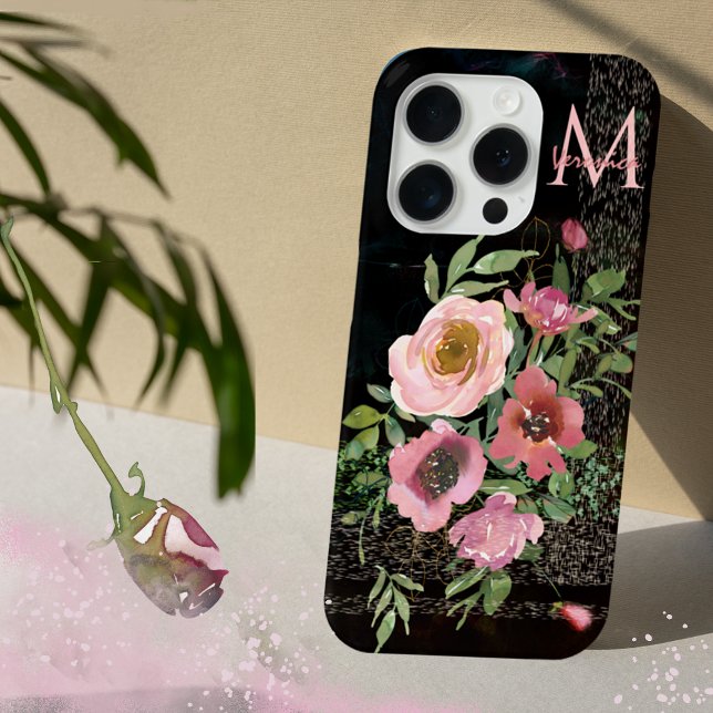 Rosa Schwarz Case-Mate iPhone Hülle (Pink Floral Black iPhone Case with Monogram
)