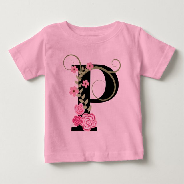 Rosa-Schwarz-Floral-Monogramm Tutu-Bodysuit Baby T-shirt (Vorderseite)