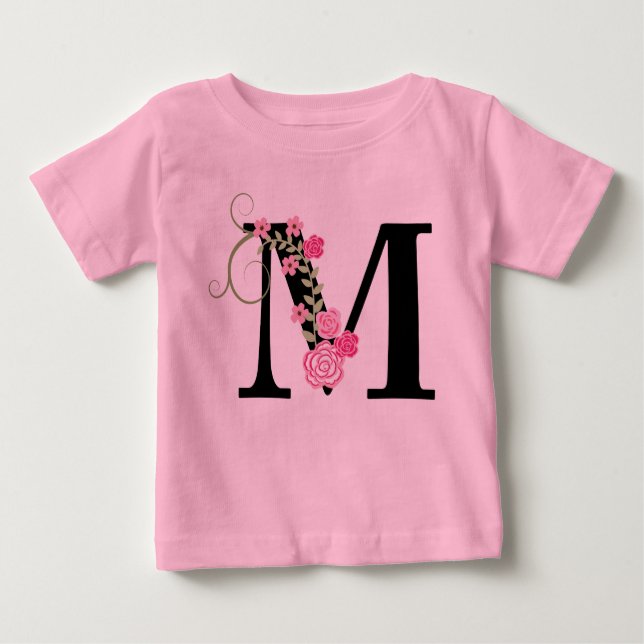 Rosa-Schwarz-Floral-Monogramm Tutu-Bodysuit Baby T-shirt (Vorderseite)