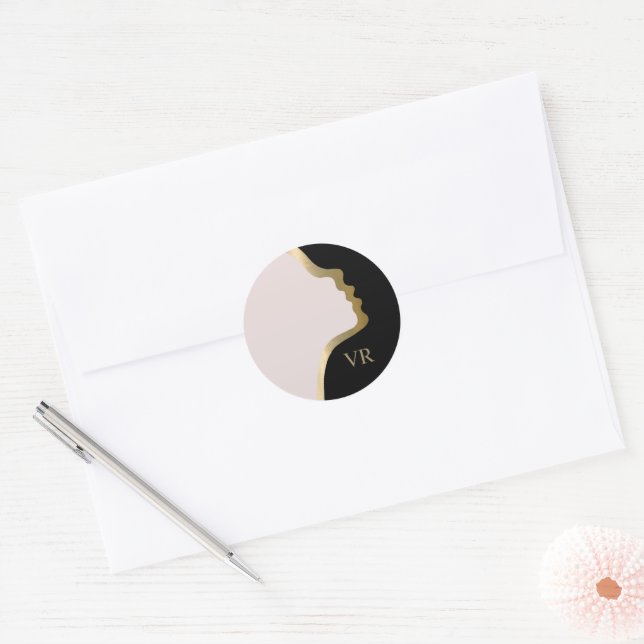 Rosa Schwarz-Gold-Face-Monogram-Name Runder Aufkleber (Umschlag)