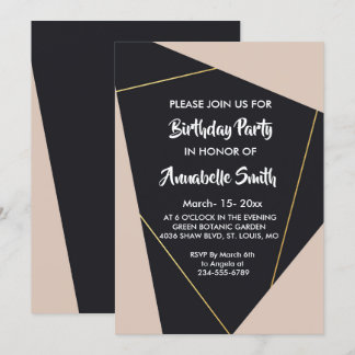 Rosa Schwarz & Gold geometrische Geburtstag Einladung