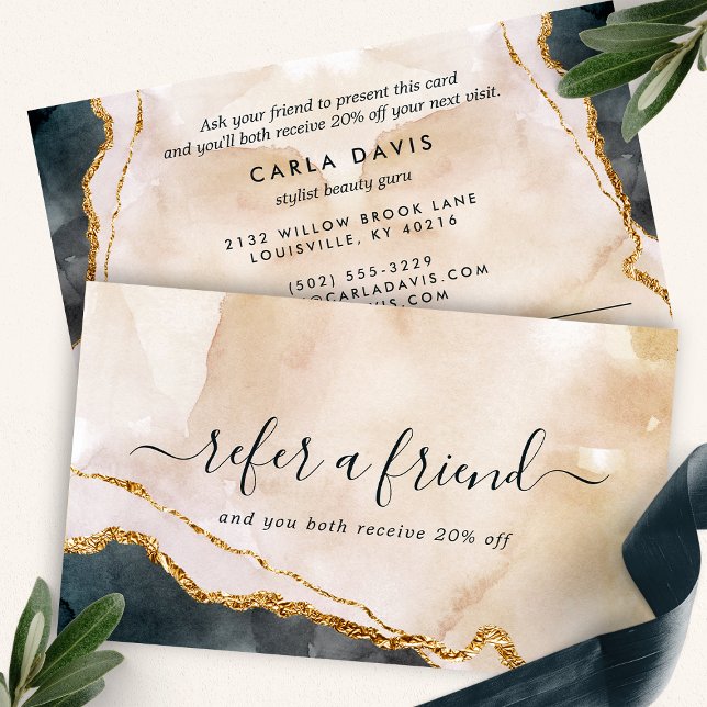 Rosa Schwarz-Gold-Marmor Wasserfarbe Moderne Empfehlungskarte (Von Creator hochgeladen)