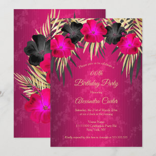 Rosa Schwarz Gold Palmen Hibiskus Damast Party Einladung