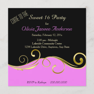 Rosa Schwarz Goldrausch Sweet 16 Party Einladung