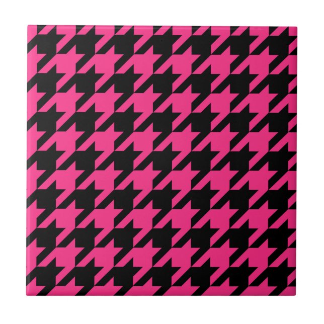 Rosa Schwarz Houndstooth Karo Fliese (Vorderseite)