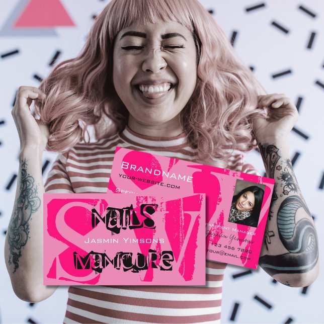 Rosa Schwarz mit Foto Monogram Modern Visitenkarte (Von Creator hochgeladen)