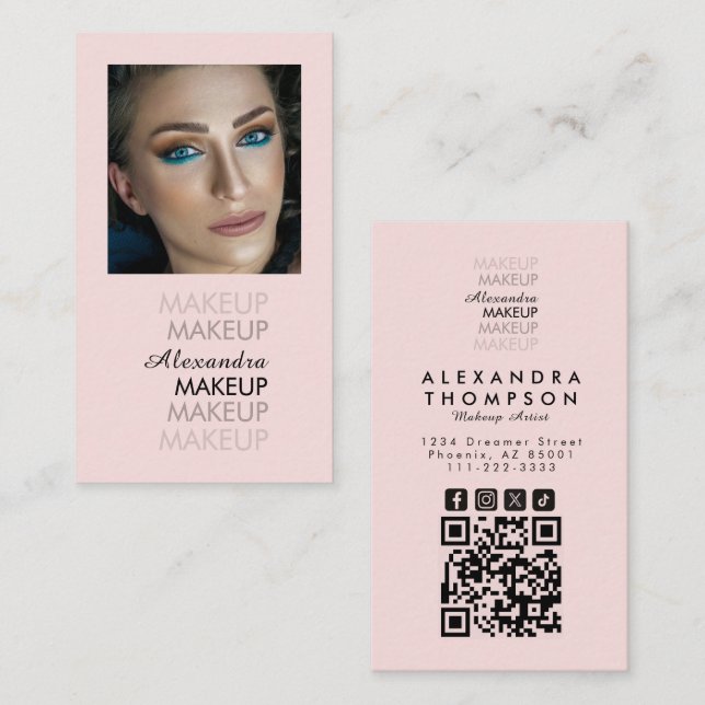 Rosa Schwarz Schrift Foto Qr Code Make-up  Visitenkarte (Vorne/Hinten)