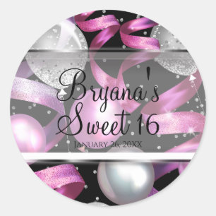Rosa Schwarz Silber Glitter Sweet 16 Geburtstagsfe Runder Aufkleber
