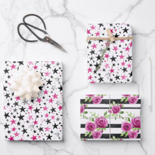 Rosa Schwarz Silber Sterne Blumen Streifen Geburts Geschenkpapier Set