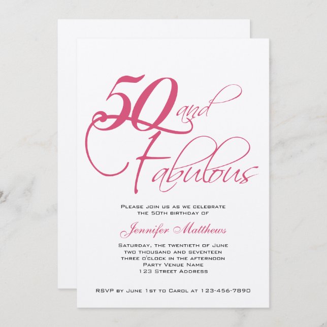 Rosa Schwarz Silver 50. Geburtstag Einladungen (Vorne/Hinten)