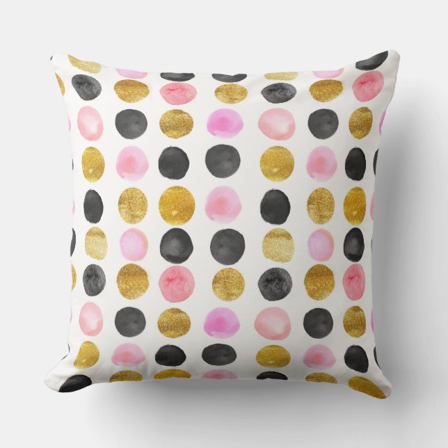 Rosa, Schwarz und Gold Polka Dot Throw Kissen (Vorderseite)