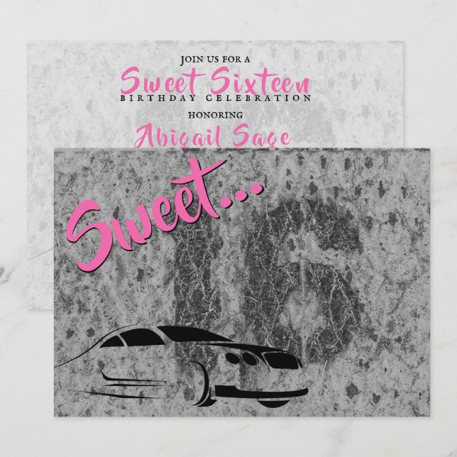 Rosa, Schwarz und Grunge mit Auto Sweet 16 Geburts Einladung (Vorne/Hinten)