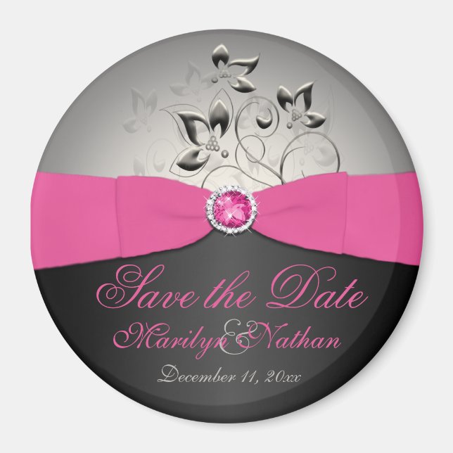 Rosa, Schwarz und Silberne Gastgeschenk Hochzeit Magnet (Vorne)