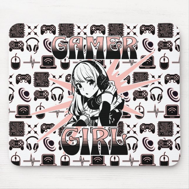 Rosa, Schwarz und Weiß-Gamer-Girl Mousepad (Vorne)