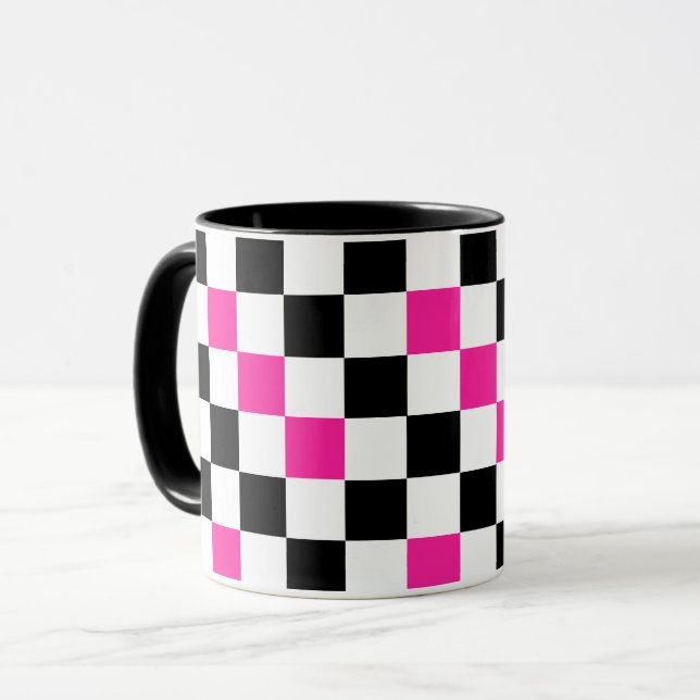 Rosa Schwarz Weiß kariertes Musterdesign  Tasse (Vorderseite Links)