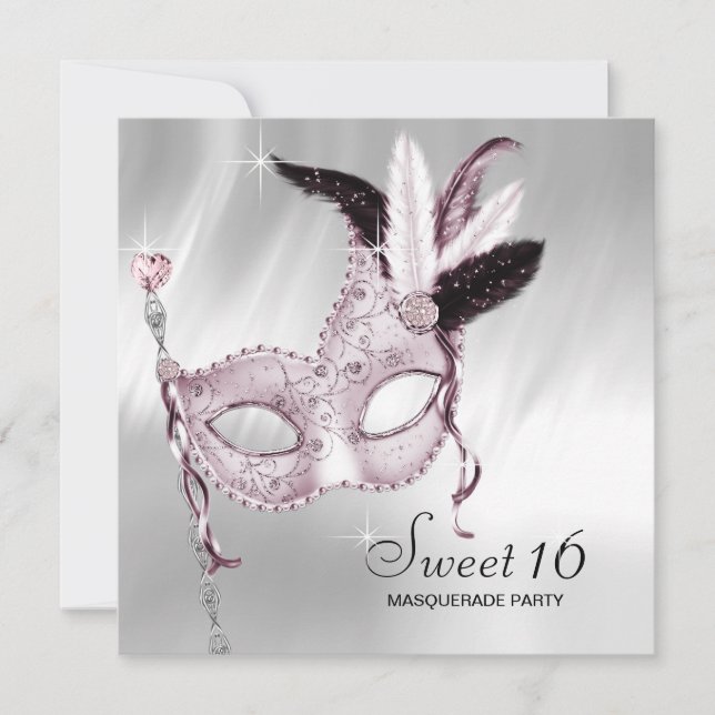 Rosa Schwarz-weiß Sweet 16 Masquerade Party Einladung (Vorderseite)