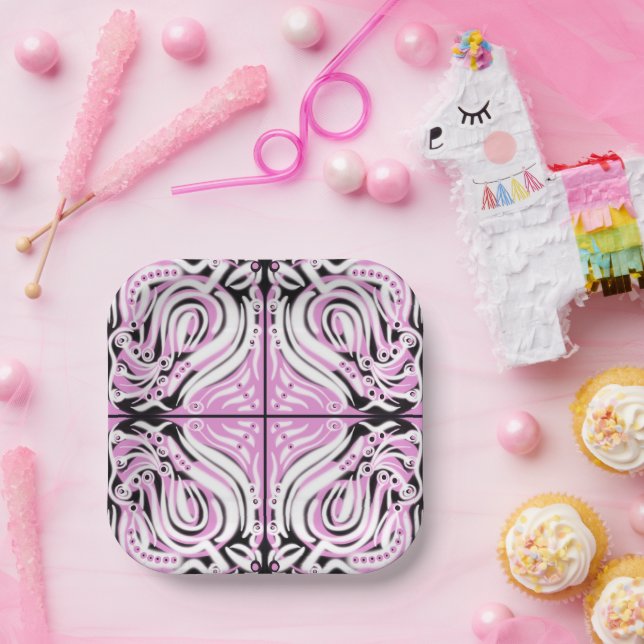 Rosa Schwarz-weiße Kurve Abstraktes Muster Pappteller (Party)