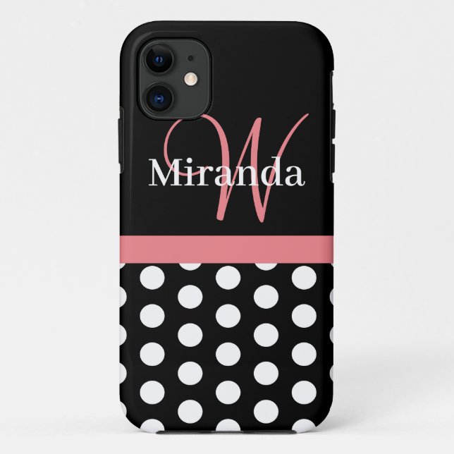 Rosa Schwarz-weiße Polka Dot Monogramm Case-Mate iPhone Hülle (Rückseite)
