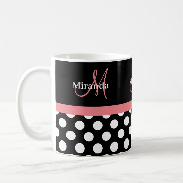 Rosa Schwarz-weiße Polka Dot Monogramm Kaffeetasse (Links)