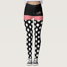 Rosa Schwarz-weiße Polka Dot Monogramm Leggings
