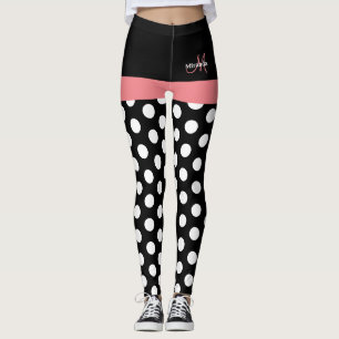 Rosa Schwarz-weiße Polka Dot Monogramm Leggings