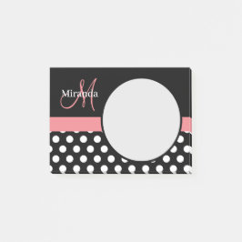 Rosa Schwarz-weiße Polka Dot Monogramm Post-it Klebezettel