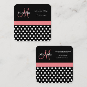 Rosa Schwarz-weiße Polka Dot Monogramm Quadratische Visitenkarte