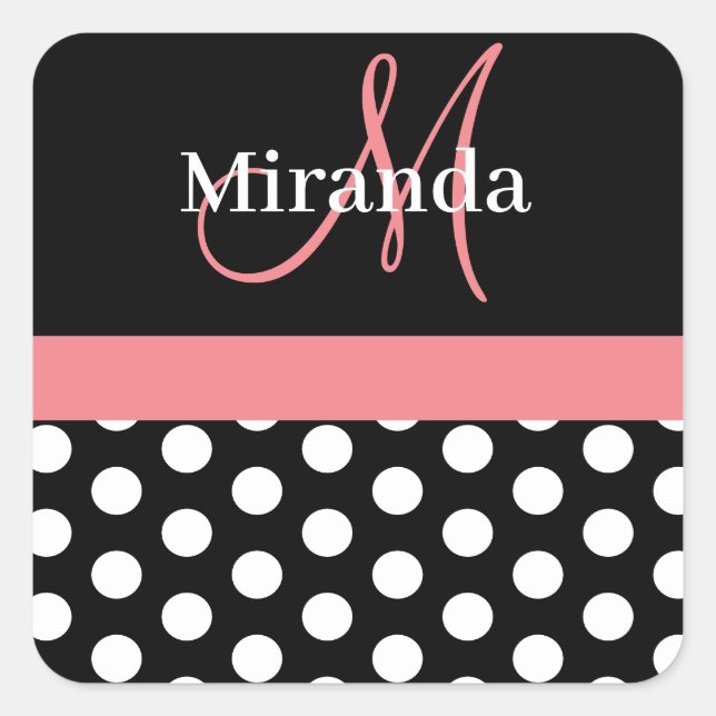Rosa Schwarz-weiße Polka Dot Monogramm Quadratischer Aufkleber (Vorderseite)
