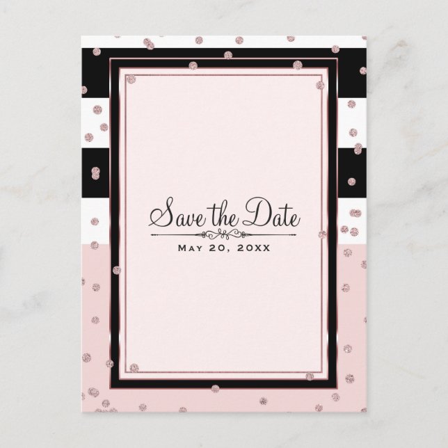 Rosa Schwarz-weiße Rose Gold Save the Date Ankündigungspostkarte (Vorderseite)