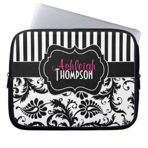 Rosa Schwarz-weißer Damast-gestreifte Laptop-Hülse Laptopschutzhülle