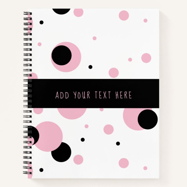 Rosa Schwarz-weißes Abstraktes Polka Dot-Muster Notizbuch (Vorderseite)