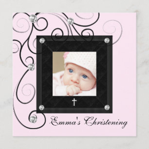 Rosa schwarze Baby-Mädchen-Foto-Tauf-Einladungen Einladung