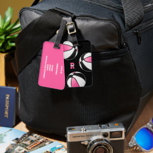 Rosa schwarze Basketbälle Junge Athleten Monogramm Gepäckanhänger