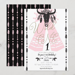 Rosa & schwarze Boho-Chic-Wild-EINER 1. Geburtstag Einladung