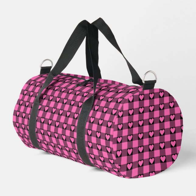 Rosa-schwarze Buffalo-Heart-Karodecke Duffle Bag (Linke Seite)