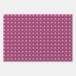 Rosa-schwarze Büffel-Herz-Karopapier Geschenkpapier Set
