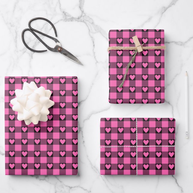 Rosa-schwarze Büffel-Herz-Karopapier Geschenkpapier Set (Vorderseite)