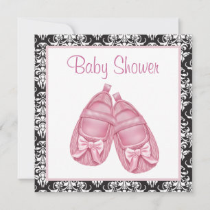 Rosa-schwarze Damast-Baby-Mädchen-Party Einladung