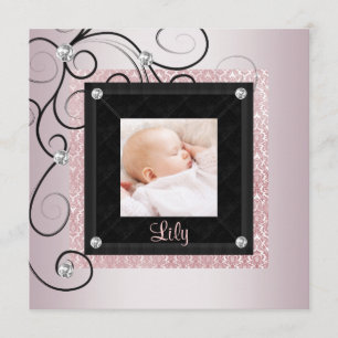 Rosa schwarze Damast-Geburtsanzeige Baby Mädchen F Ankündigung