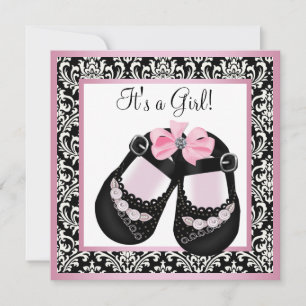 Rosa-schwarze Damast-Schuhe Baby-Mädchen-Party Einladung