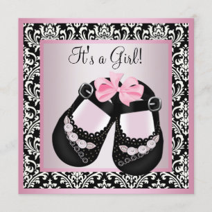 Rosa-schwarze Damast-Schuhe Baby-Mädchen-Party Einladung