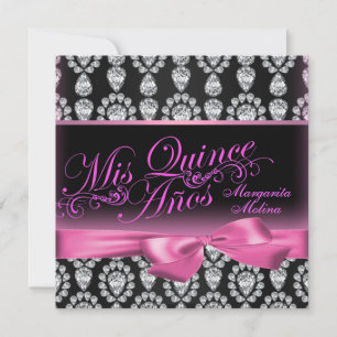 Rosa/Schwarze Diamant- und Bogen-Quinceanera-Einla Einladung