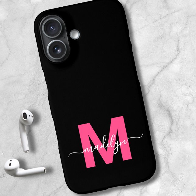 Rosa Schwarze Elegante Script Name Monogram Case-Mate iPhone Hülle (Pink Black Elegant Script Name Monogram iPhone 16 Case )