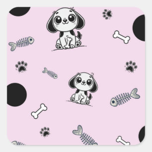 Rosa & schwarze Fischgräten-Hundewelpen-Geburtstag Quadratischer Aufkleber