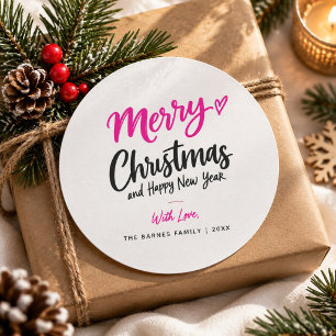 Rosa Schwarze Frohe Weihnachten Script Typografie  Runder Aufkleber